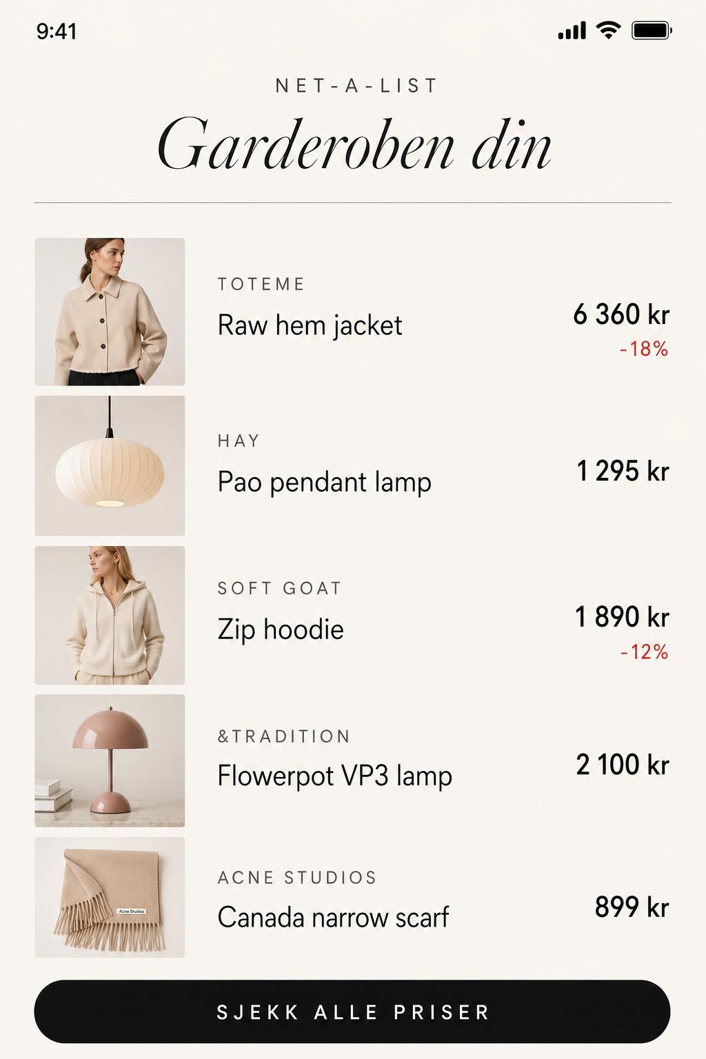 net-a-list PWA som viser garderoben din samlet på ett sted
