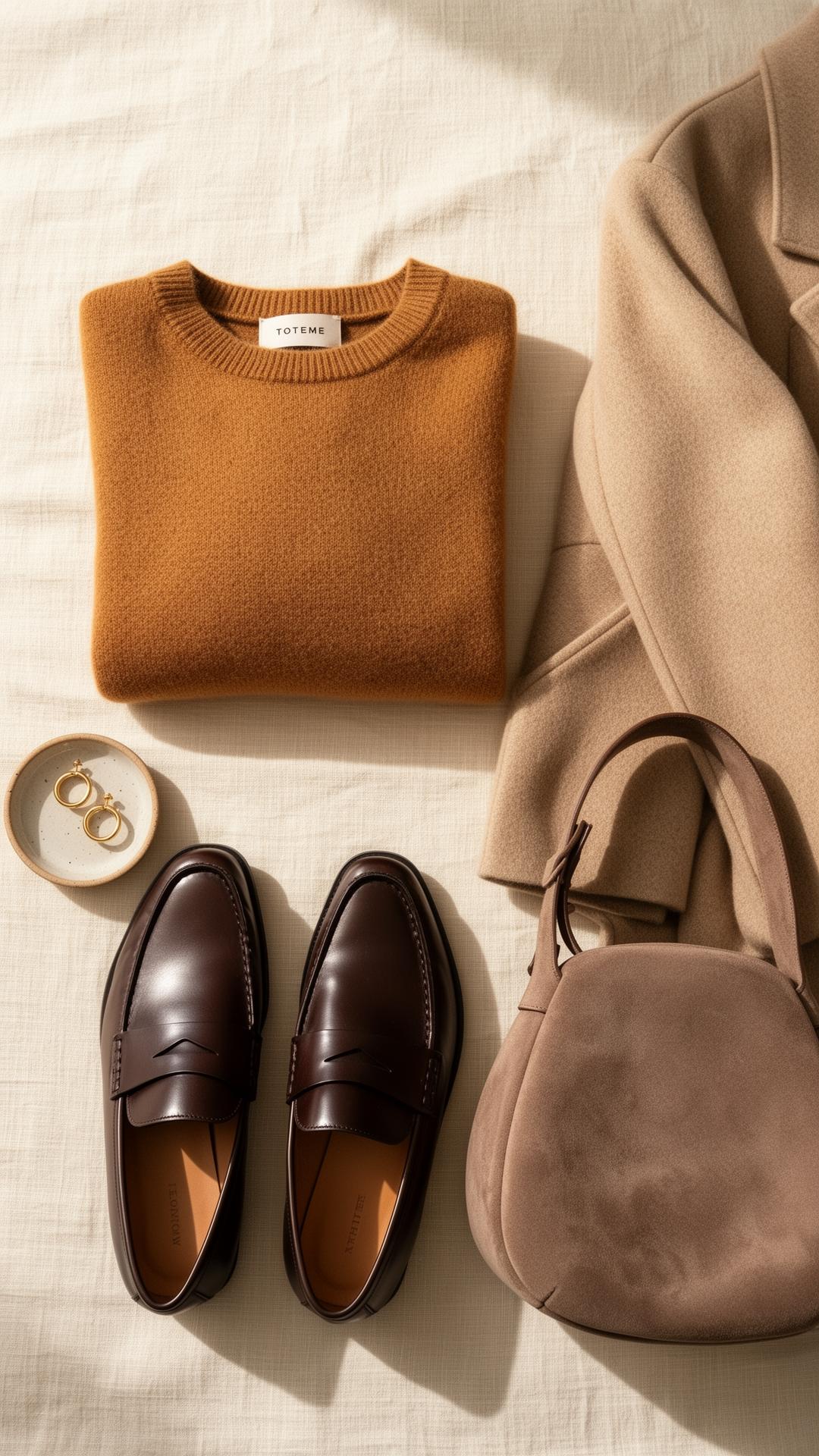 Et flatlay av moteklær i jordfarger